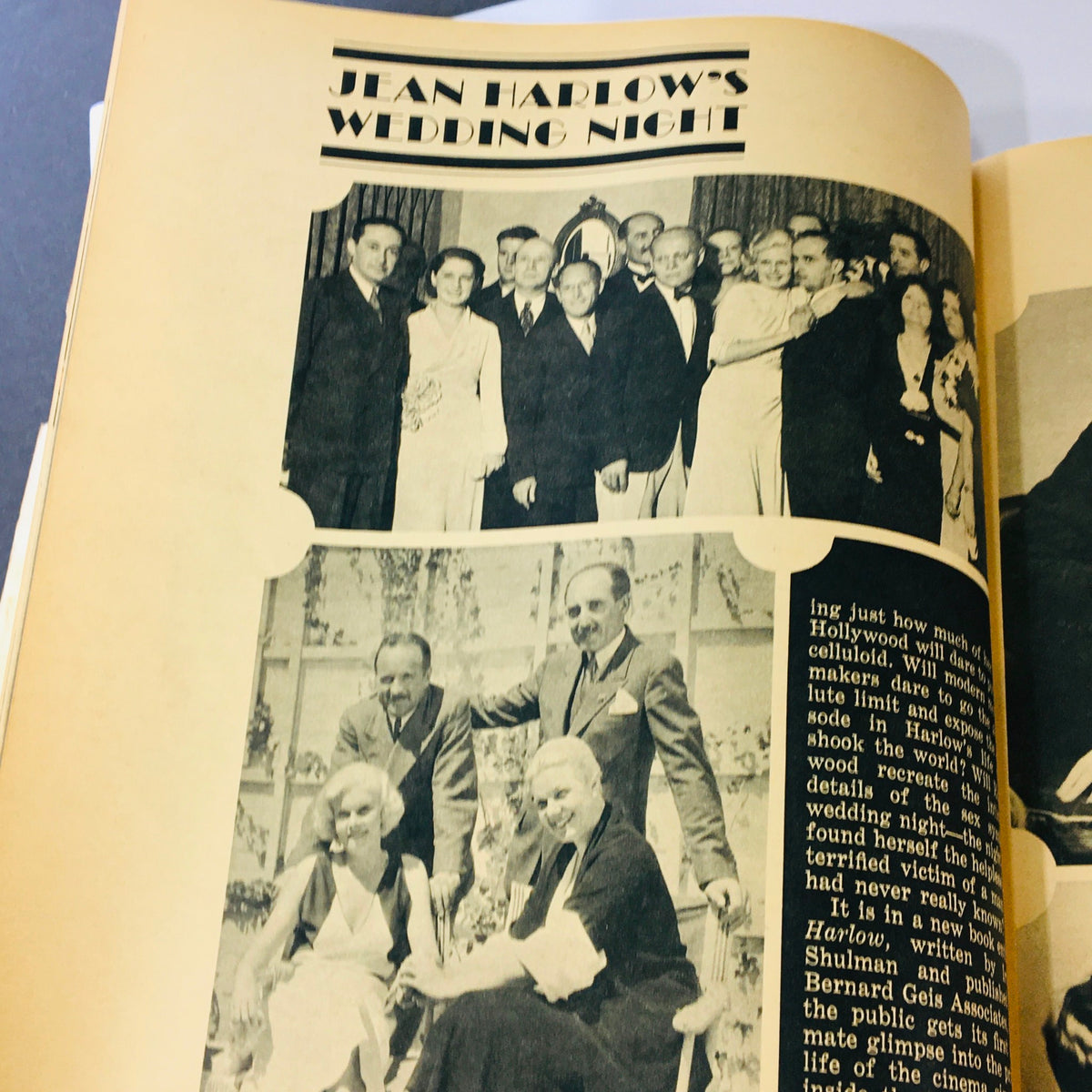 Page from VTG Modern Screen Magazine December 1964 detailing Jean Harlow's wedding night and notable Hollywood guests.