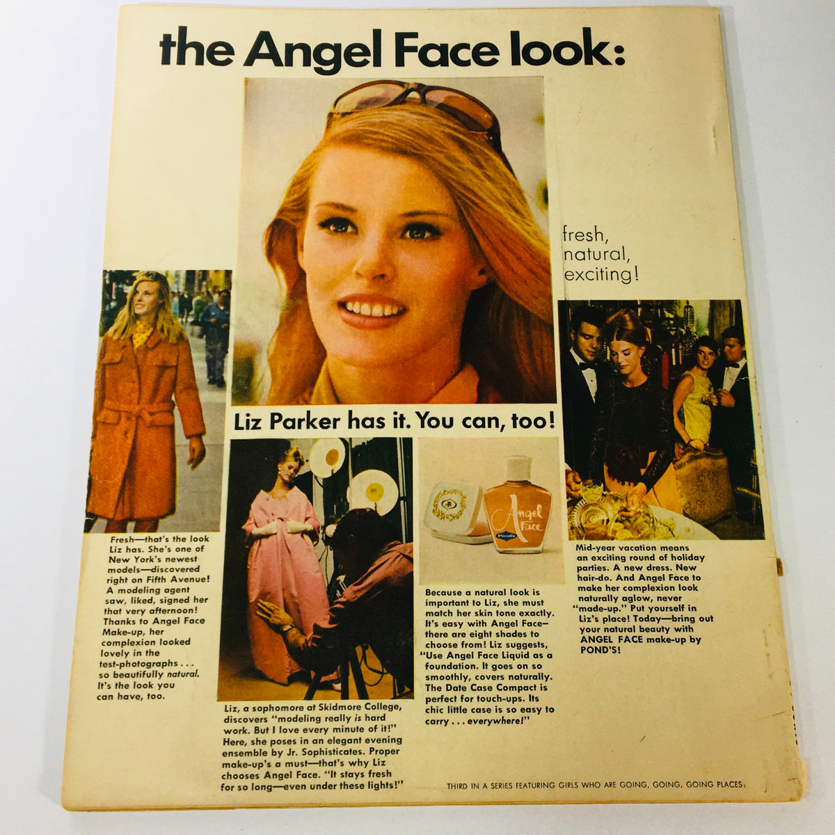 Back cover of the VTG Modern Screen Magazine December 1964 highlighting the 'Angel Face look' and featuring model Liz Parker, reflecting 1960s beauty trends.