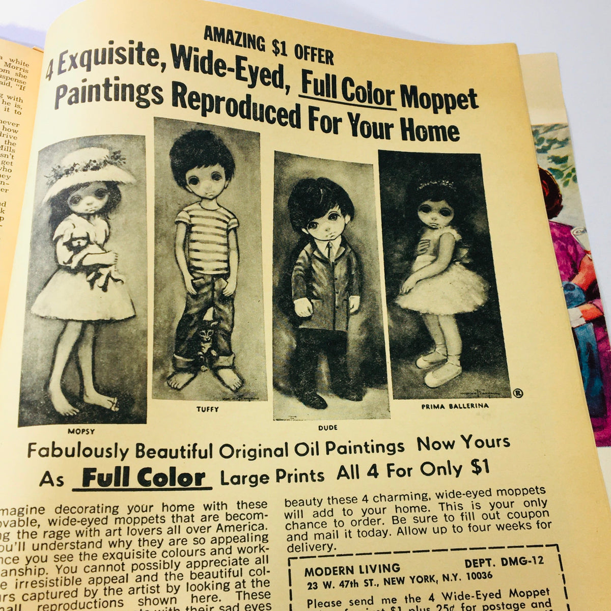 VTG Modern Screen Magazine December 1965 promoting wide-eyed Moppet paintings, featuring illustrations of adorable children characters with captions about their charm. A classic advertisement reflecting the era.