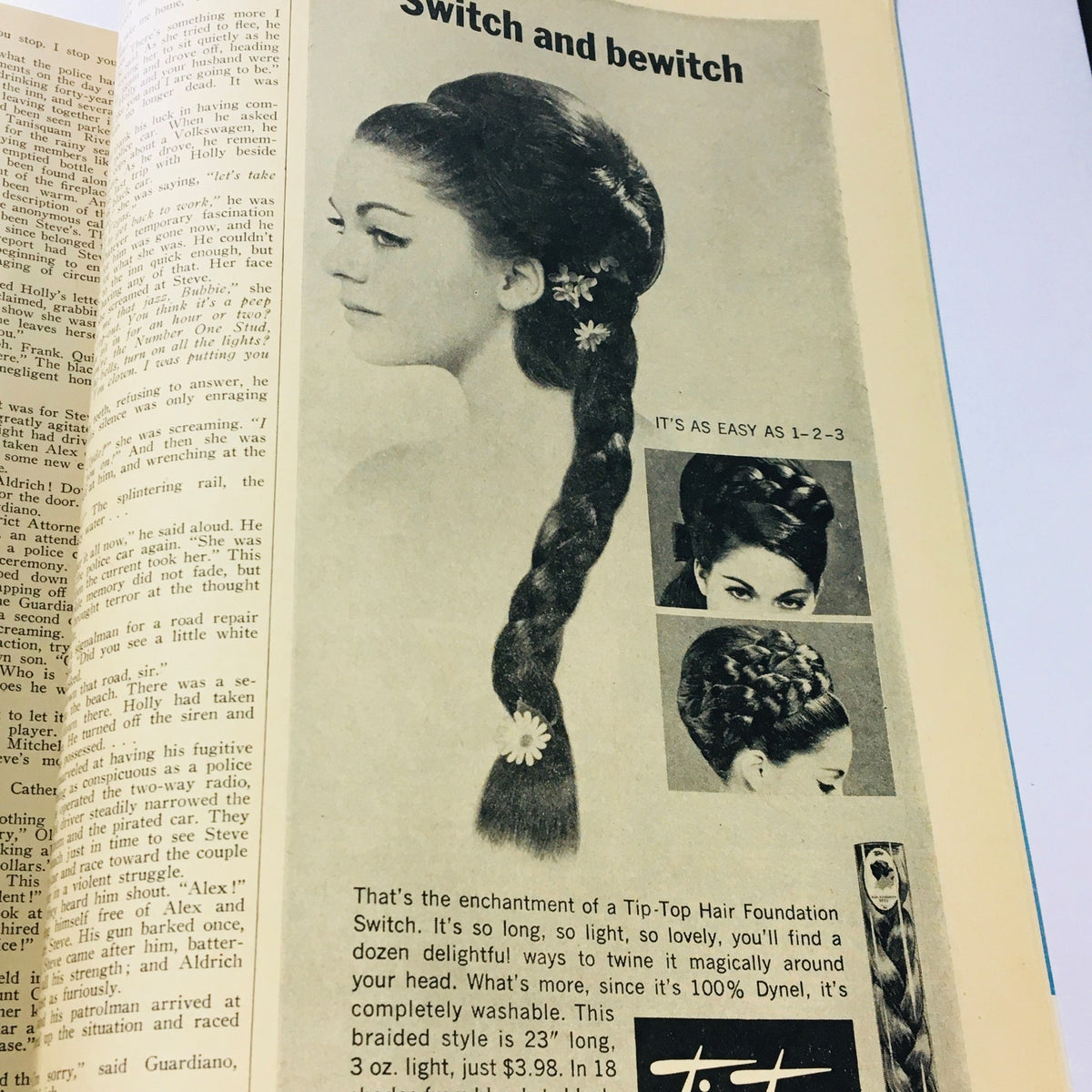 VTG Screen Stories Magazine August 1965 featuring a vintage hair styling advertisement titled 'Switch and Bewitch' with a model demonstrating various hairstyles.
