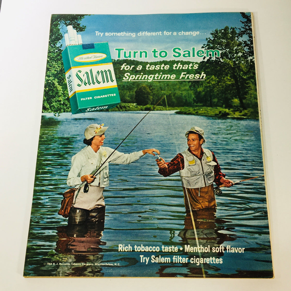 VTG Screen Stories Magazine August 1965 with a vintage cigarette advertisement for Salem, depicting two anglers in a serene fishing scene.