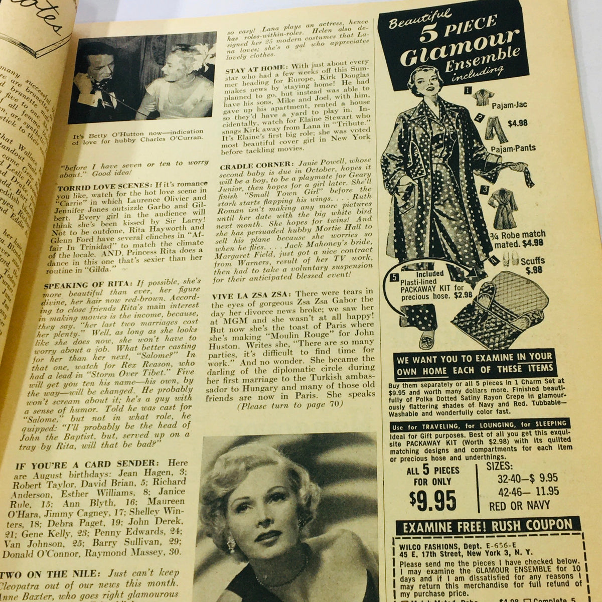 Inside page of VTG Silver Screen Magazine August 1952, containing celebrity news and fashion advertisements, representing the style and culture of Hollywood in the early 1950s.