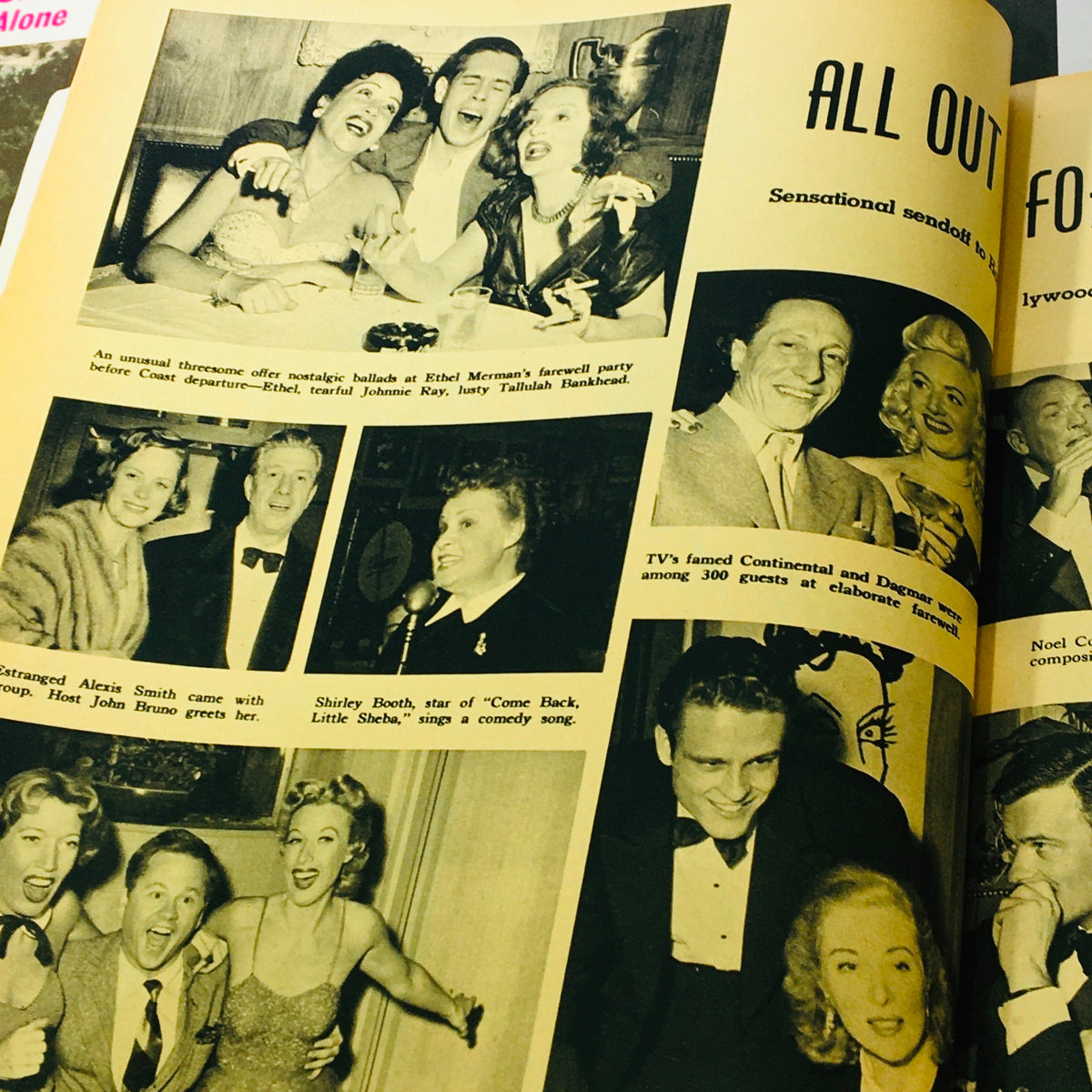 Inside page of VTG Silver Screen Magazine August 1952, capturing images of celebrities at a party, showcasing the vibrant social life and atmosphere of classic Hollywood.