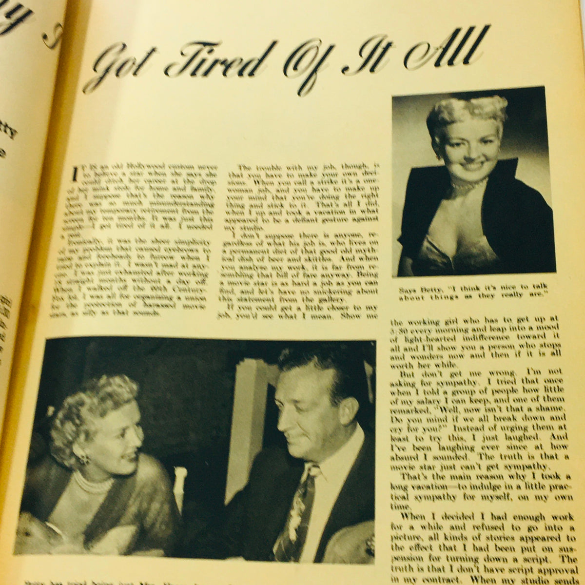Vintage Silver Screen Magazine August 1952, page featuring actress and a discussion about Hollywood life, with images of a glamorous actress and actor.