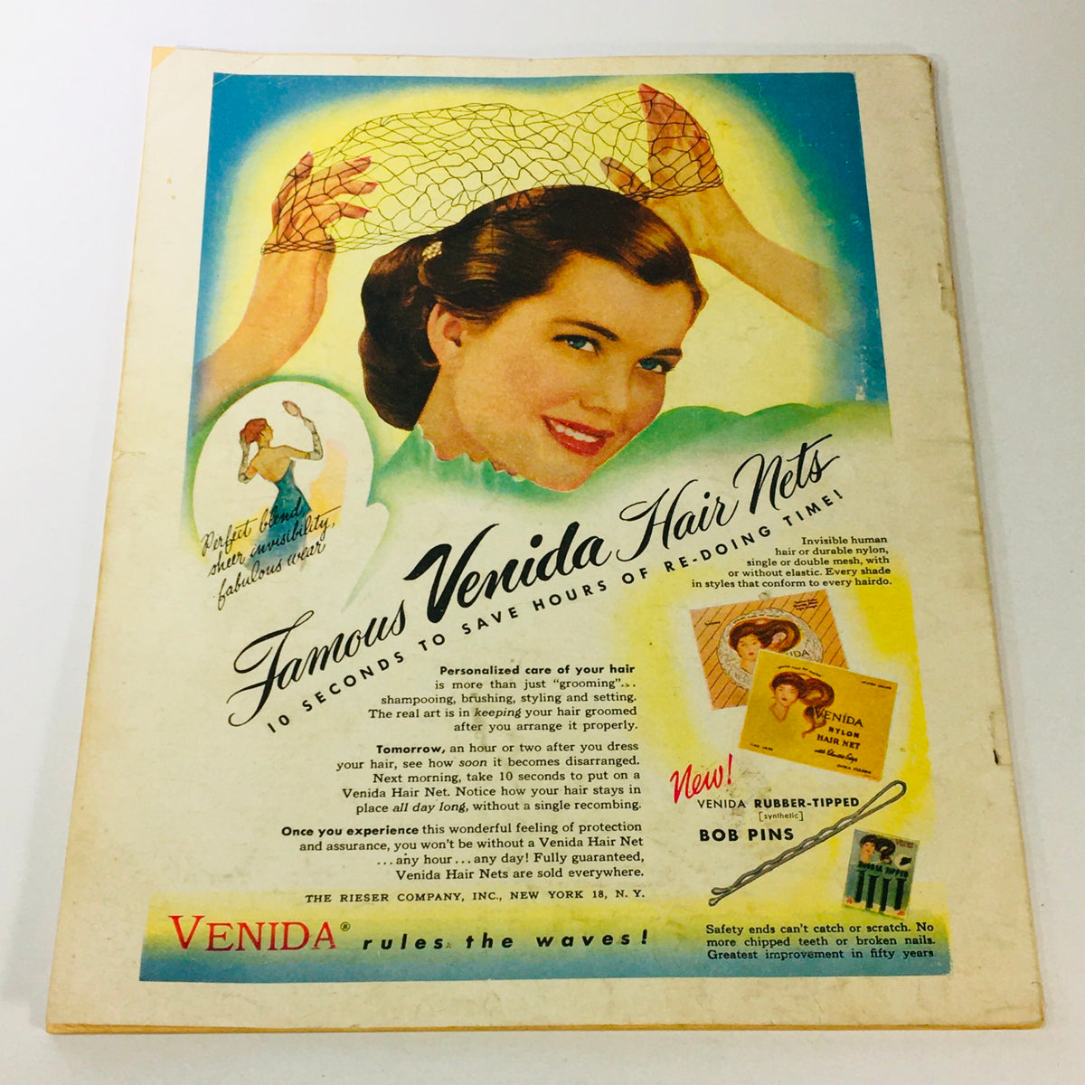 Vintage Silver Screen Magazine August 1952, advertisement for Venida Hair Nets with a smiling model demonstrating the product benefits for preserving hairstyling.