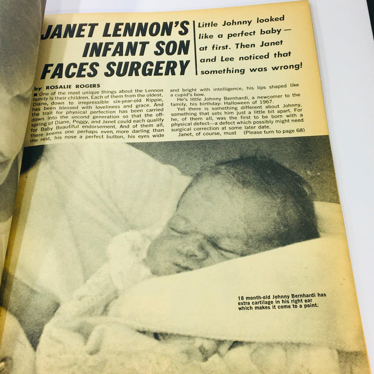 VTG Movie Mirror Magazine June 1969 image of Janet Lennon holding her infant son, discussing a health issue, displayed in a nostalgic magazine layout.
