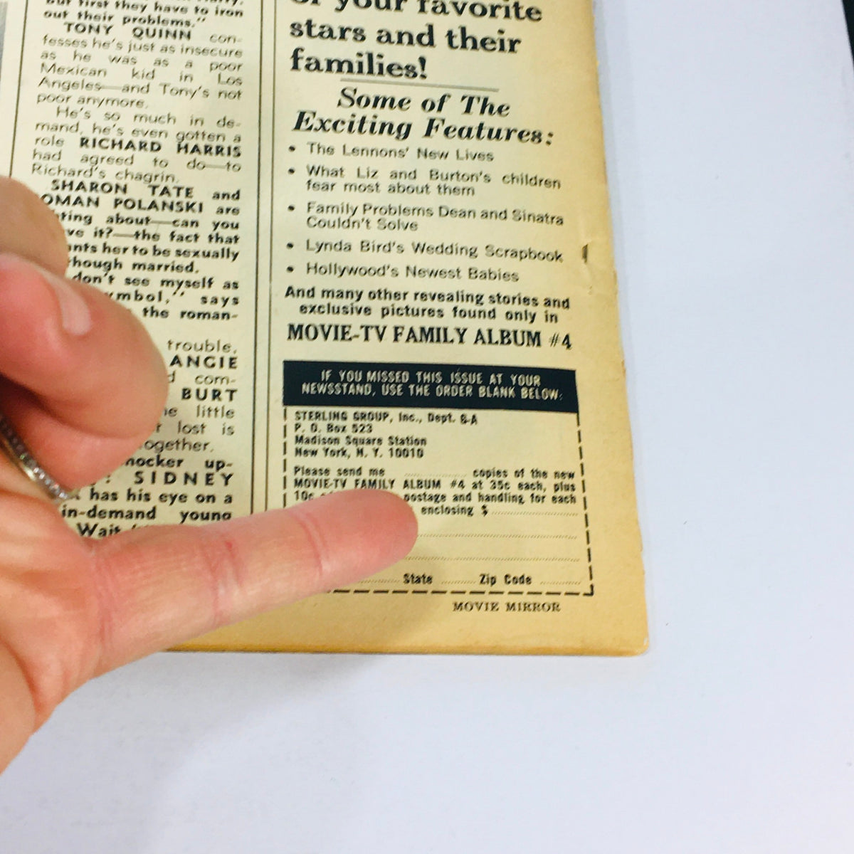 Close-up view of the back cover of the VTG Movie Mirror Magazine June 1969 showcasing features and ordering information, including details about the movie family album.