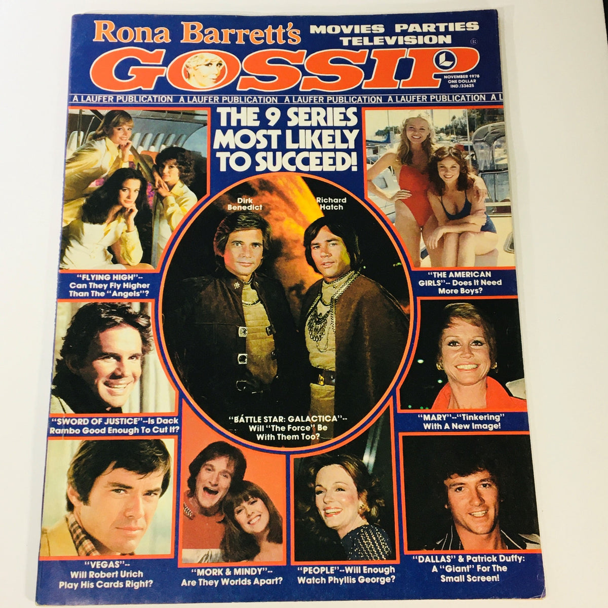 VTG Ronna Barrett's Gossip Magazine November 1978 featuring Dirk Benedict and Richard Hatch on the cover, highlighting pop culture and television series.