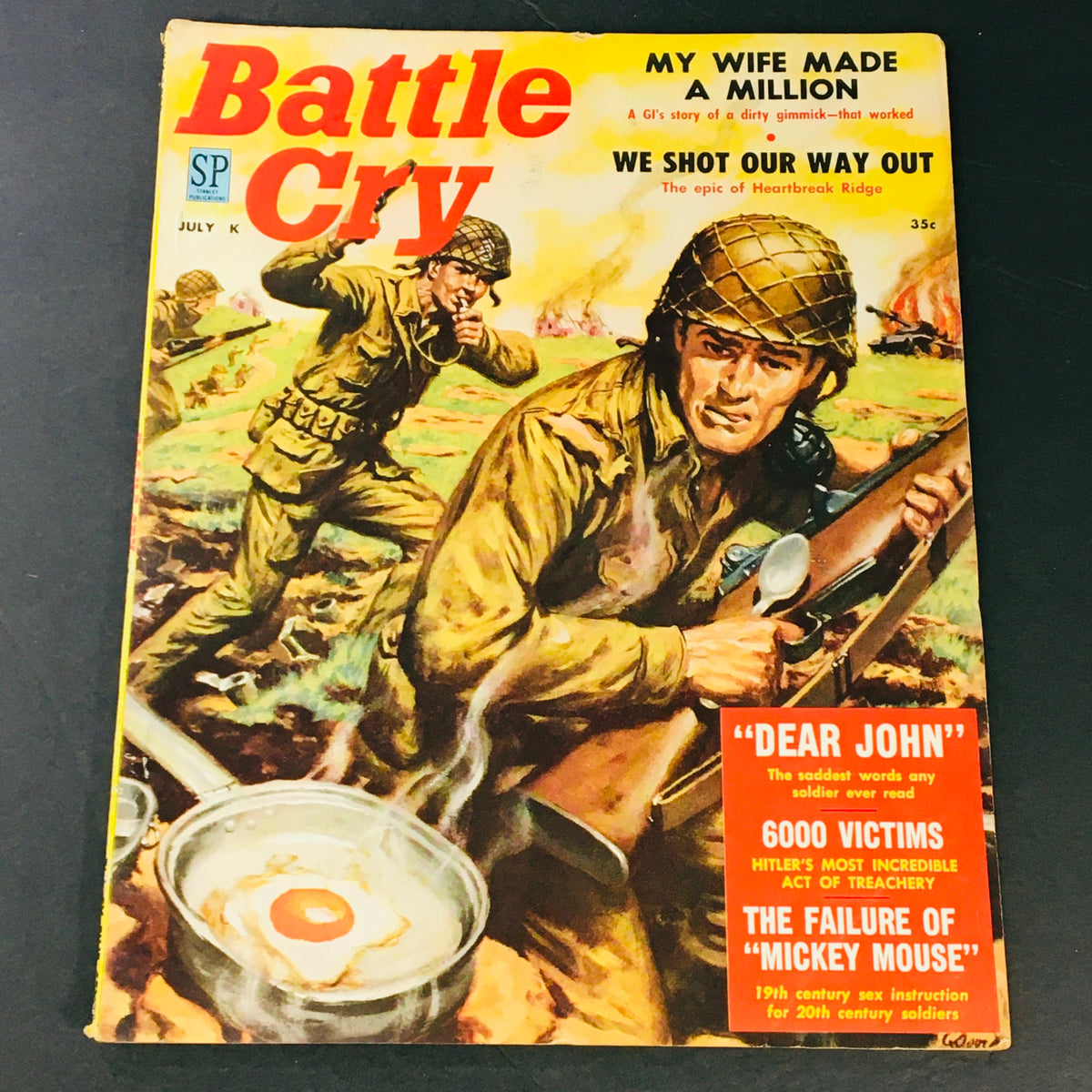 VTG Battle Cry Magazine July 1958 cover featuring a dramatic illustration of soldiers in action, with headlines including 'My Wife Made A Million' and 'We Shot Our Way Out'. The magazine showcases themes of adventure and personal triumph from the 1950s.