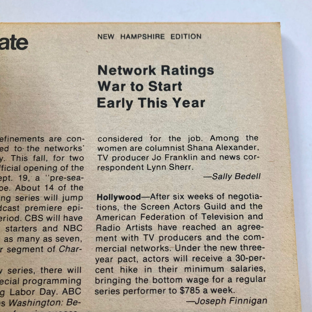 Interior page of the TV Guide Magazine July 16, 1977, featuring an article titled 'Network Ratings War to Start Early This Year.' The page includes information related to television industry changes. This magazine issue is titled 'TV Guide Magazine July 16 1977 #1268 Barney Miller Cast New Hampshire Ed.'