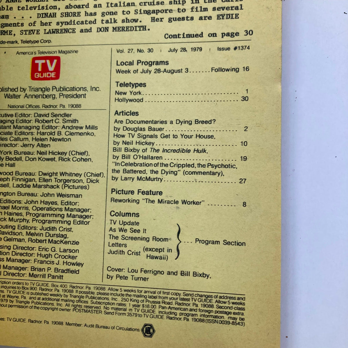 Interior page of TV Guide Magazine July 28, 1979 #1374, displaying articles and features including Bill Bixby and Lou Ferrigno from The Incredible Hulk.