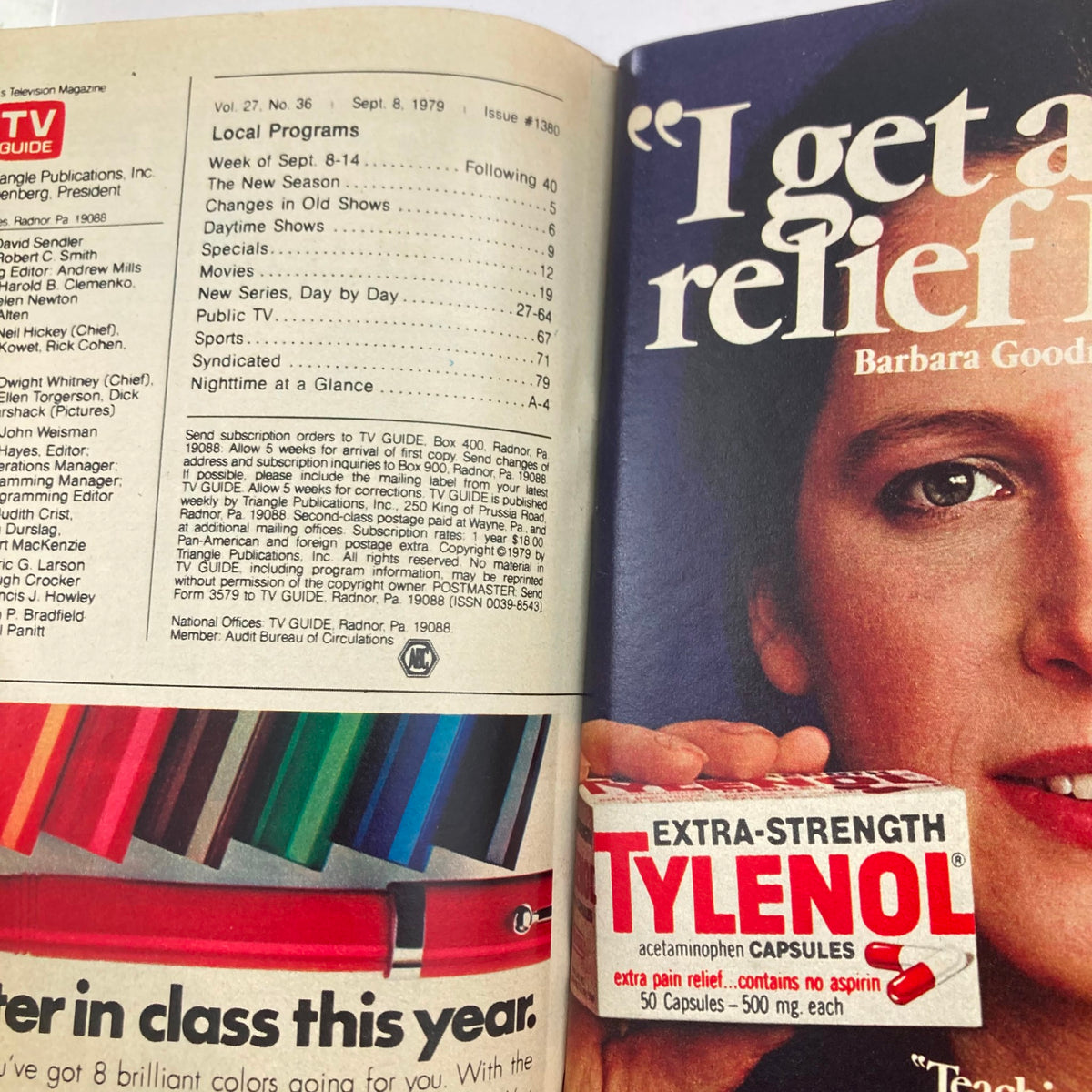 Inside spread of TV Guide Magazine September 8 1979 #1380 displaying local program listings and an advertisement for Extra-Strength Tylenol, showcasing retro design elements.