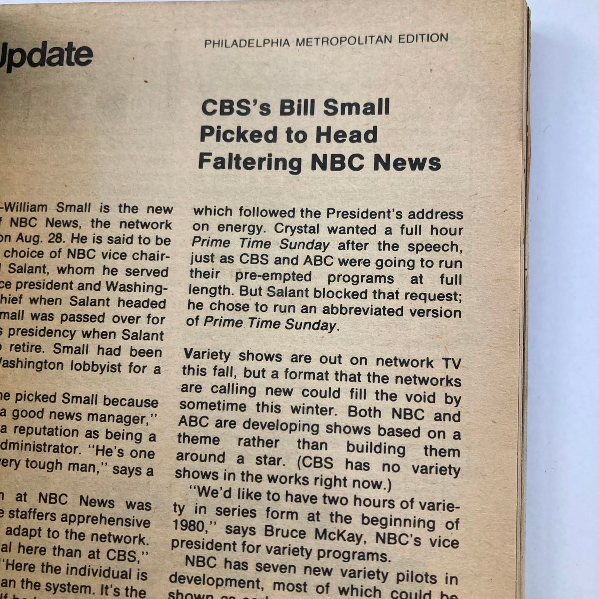 Article page from TV Guide Magazine September 8 1979 #1380 discussing CBS's Bill Small being appointed to head NBC News, providing insights into television industry updates.