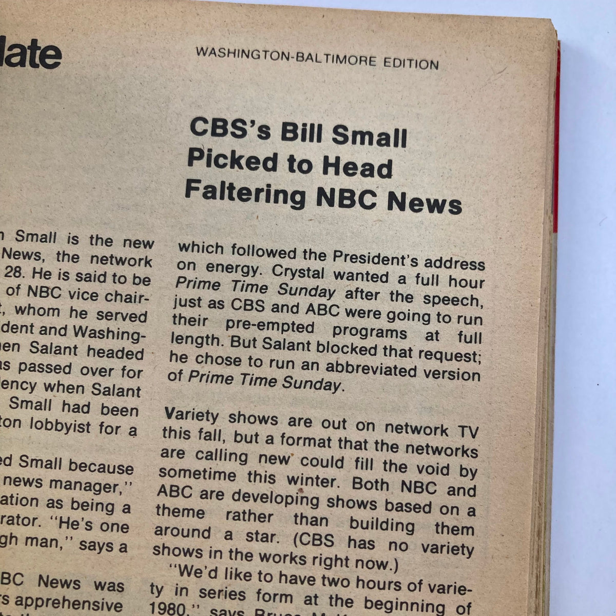 Page from TV Guide Magazine September 8, 1979, featuring an article about CBS’s Bill Small being appointed to lead NBC News, as part of the Fall Preview Issue WA-Baltimore Edition.