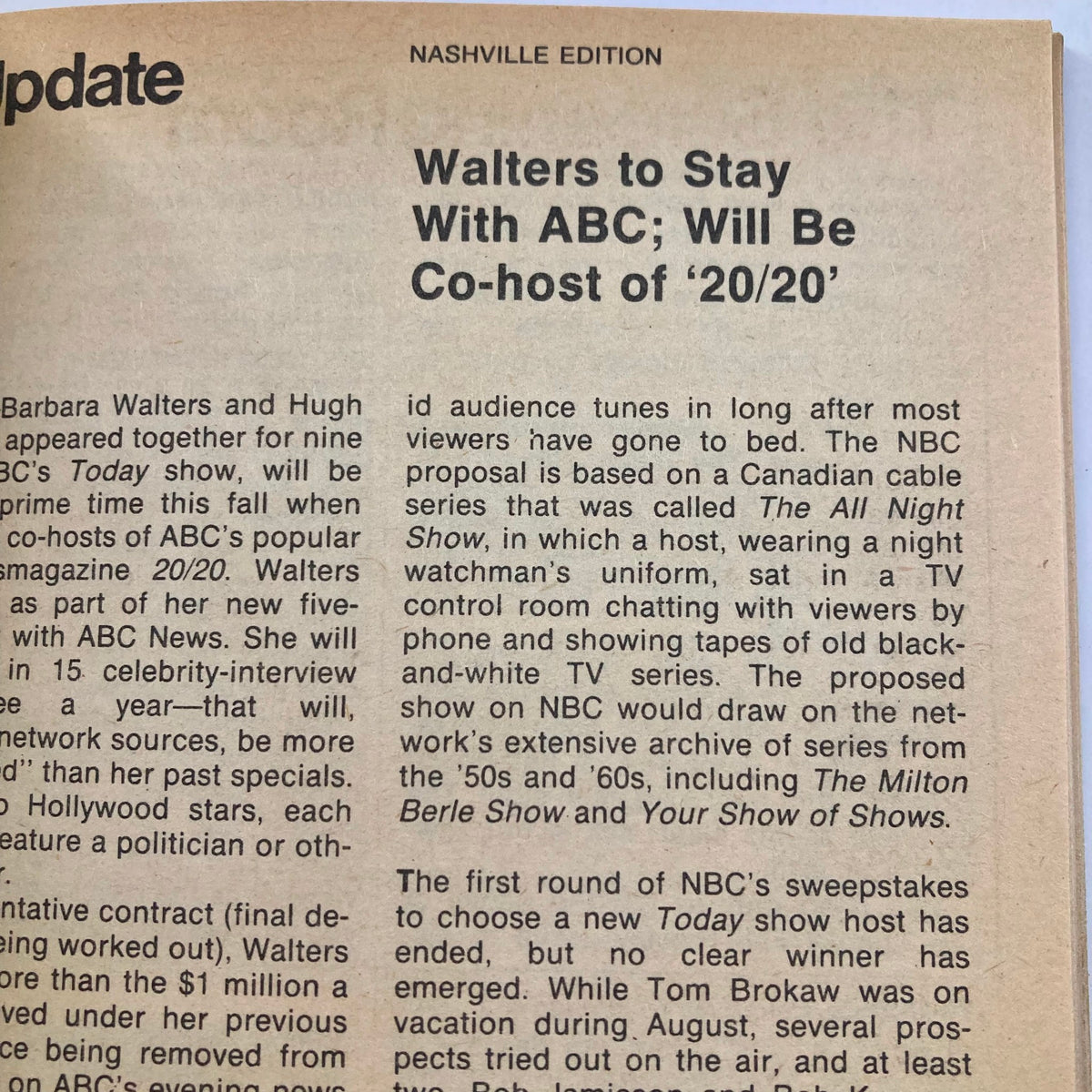 Inside page of TV Guide Magazine September 12 1981 Fall Preview Nashville Ed., highlighting an article about Barbara Walters staying with ABC and her role on '20/20'.