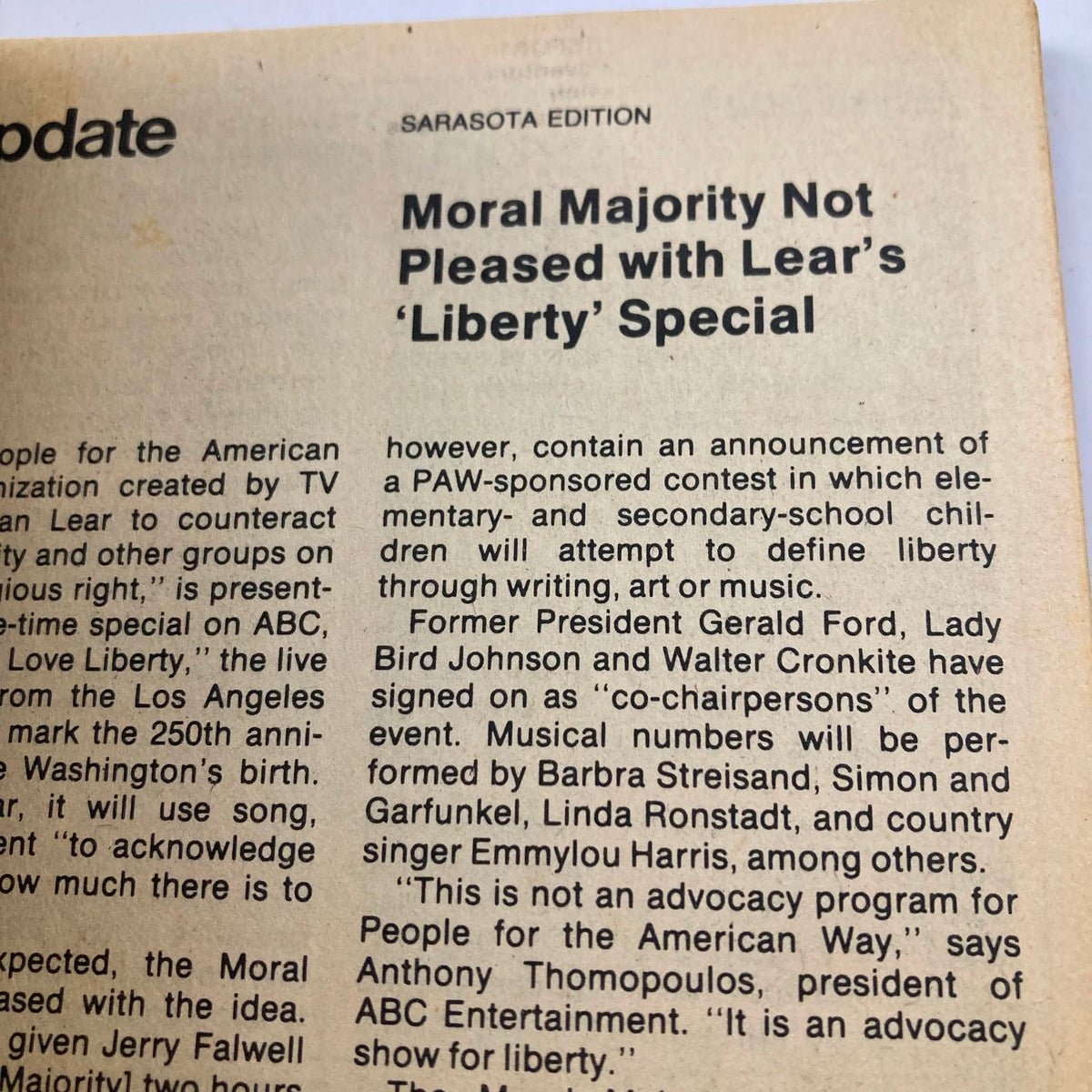 An article excerpt from the Sarasota Edition of TV Guide Magazine dated January 16 1982, discussing public reactions to Lear's 'Liberty' special, highlighting notable figures such as Gerald Ford and Walter Cronkite.