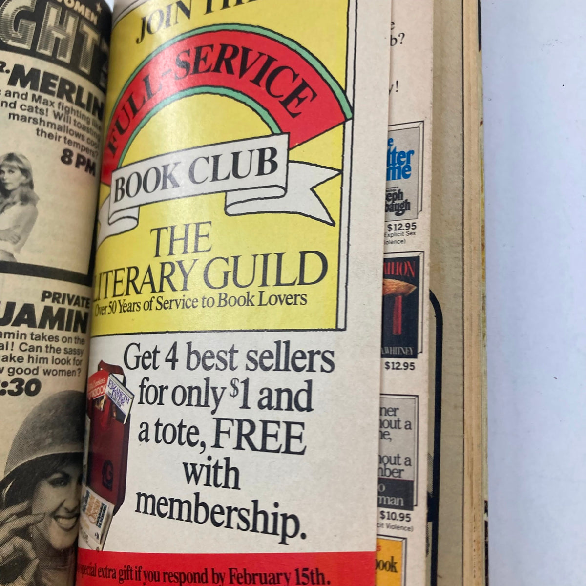 A promotional advertisement inside the TV Guide Magazine January 16 1982 for joining The Literary Guild Book Club, offering best sellers and tote bags with membership.