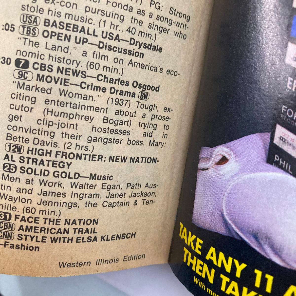 Inside content of the TV Guide Magazine dated July 2, 1983, featuring programming highlights including CBS News, classic films like 'Marked Woman,' and musical events like 'Solid Gold.' This magazine emphasizes significant television history and details for Western Illinois edition.