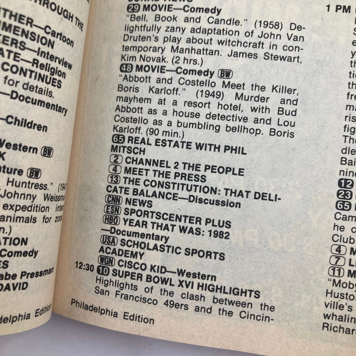 Inside page from TV Guide Magazine January 22 1983 showing TV program listings and highlights including Super Bowl XVI.