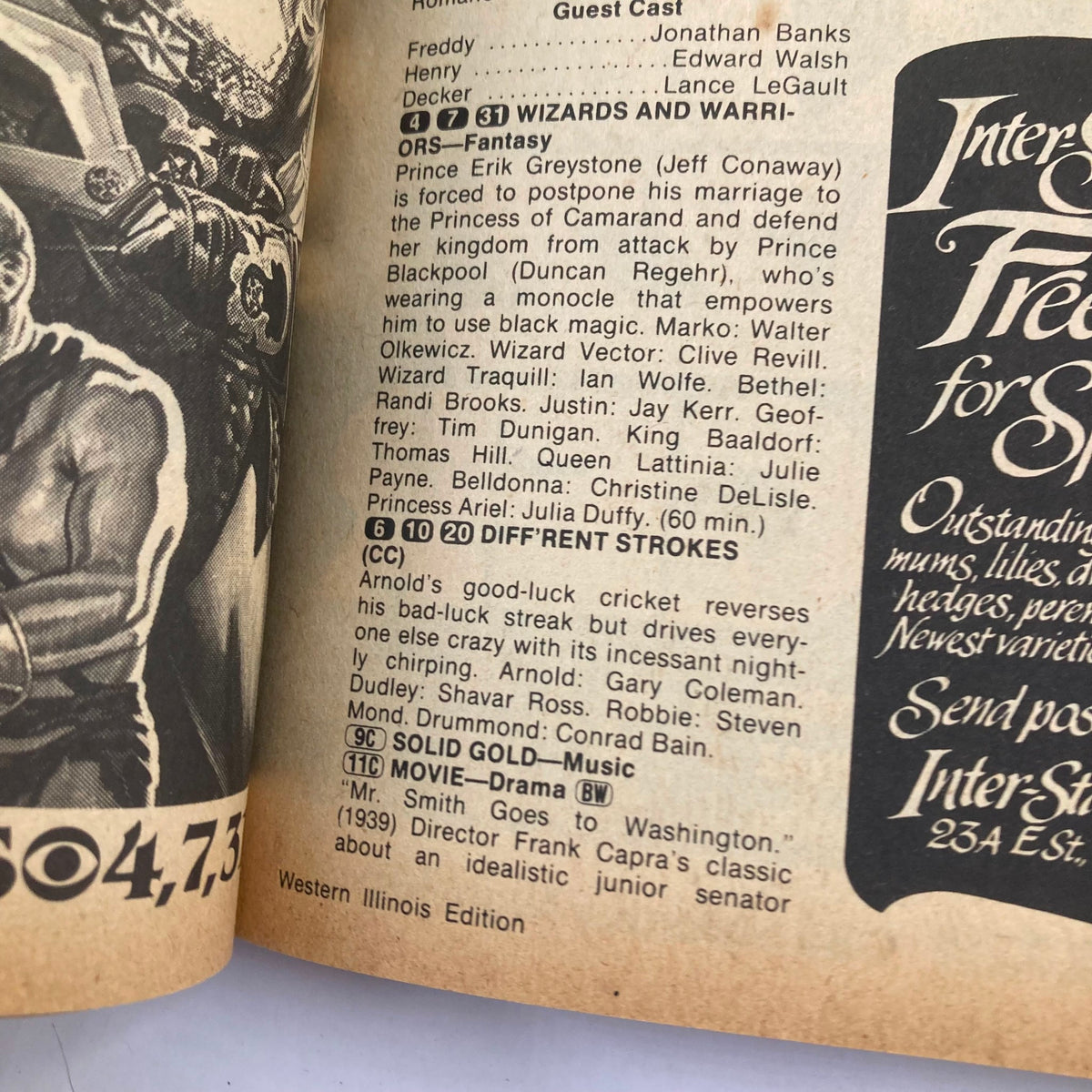 Interior page of the TV Guide Magazine March 5 1983, detailing guest cast for shows like Wizards and Warriors and Different Strokes, part of the Western Illinois Edition.