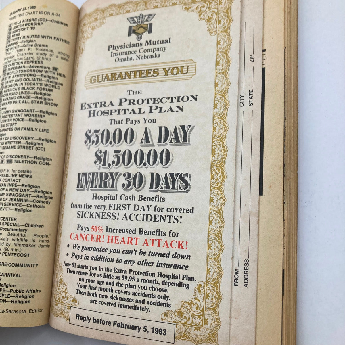 Inside page of TV Guide Magazine, January 22, 1983, displaying details about the Physicians Mutual Extra Protection Hospital Plan and advertisements relevant to the time.