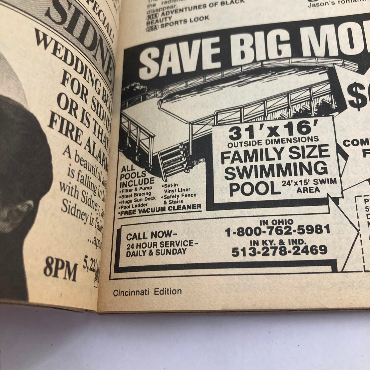 Inside page of TV Guide Magazine May 14 1983, Cincinnati Edition, displaying an advertisement for family size swimming pools.