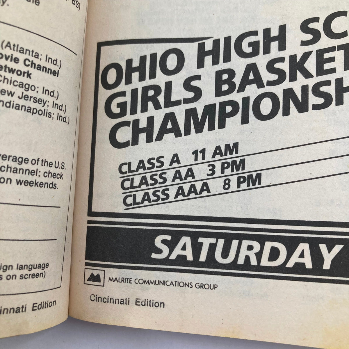 Inside page of TV Guide Magazine March 17 1984 showcasing the schedule for the Ohio High School Girls Basketball Championships. This image highlights the times for various class events, providing a glimpse into sports coverage in retro magazines.