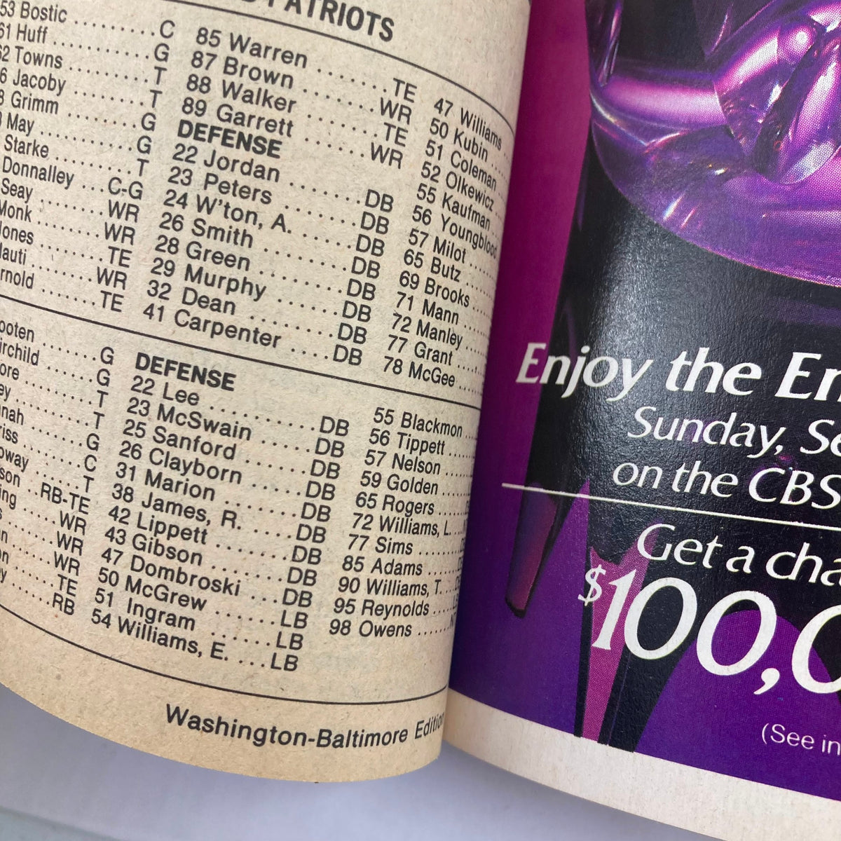 An interior page of TV Guide Magazine from September 22, 1984, displaying sports programming listings for the Washington-Baltimore Edition. The page includes a roster of players for the New England Patriots.