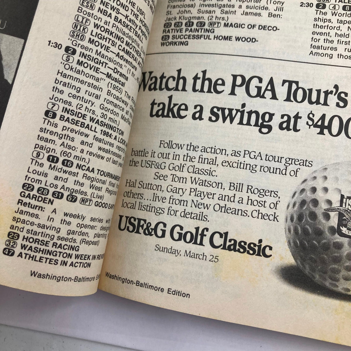 Interior view of the TV Guide Magazine March 24, 1984 featuring listings and advertisements, specifically covering the USF&G Golf Classic  featuring PGA Tour players and various program listings. This vintage magazine is a rich piece of television history.