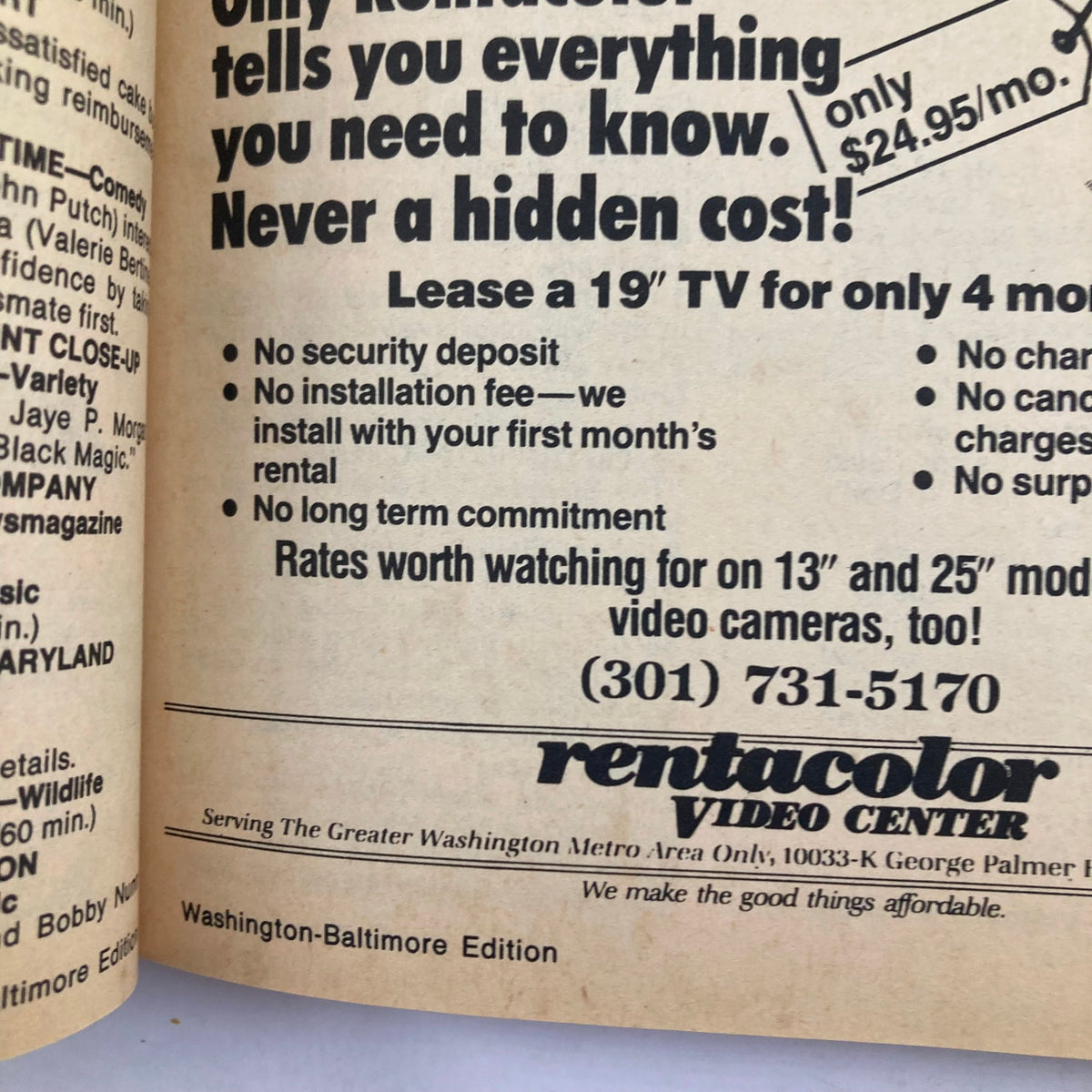 Inside page of TV Guide Magazine July 7, 1984, displaying an advertisement for Rentacolor Video Center. The ad highlights TV leasing options and rental details.