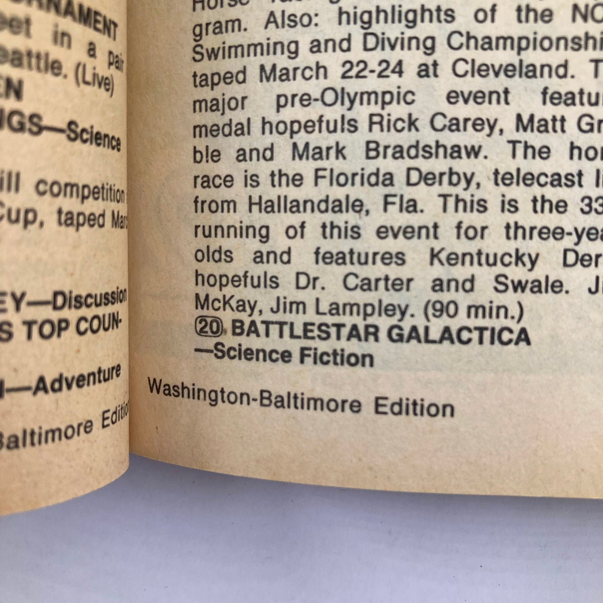 Inside page of TV Guide Magazine March 31 1984 displaying a listing for Battlestar Galactica and other television programs, indicating the Washington-Baltimore edition.
