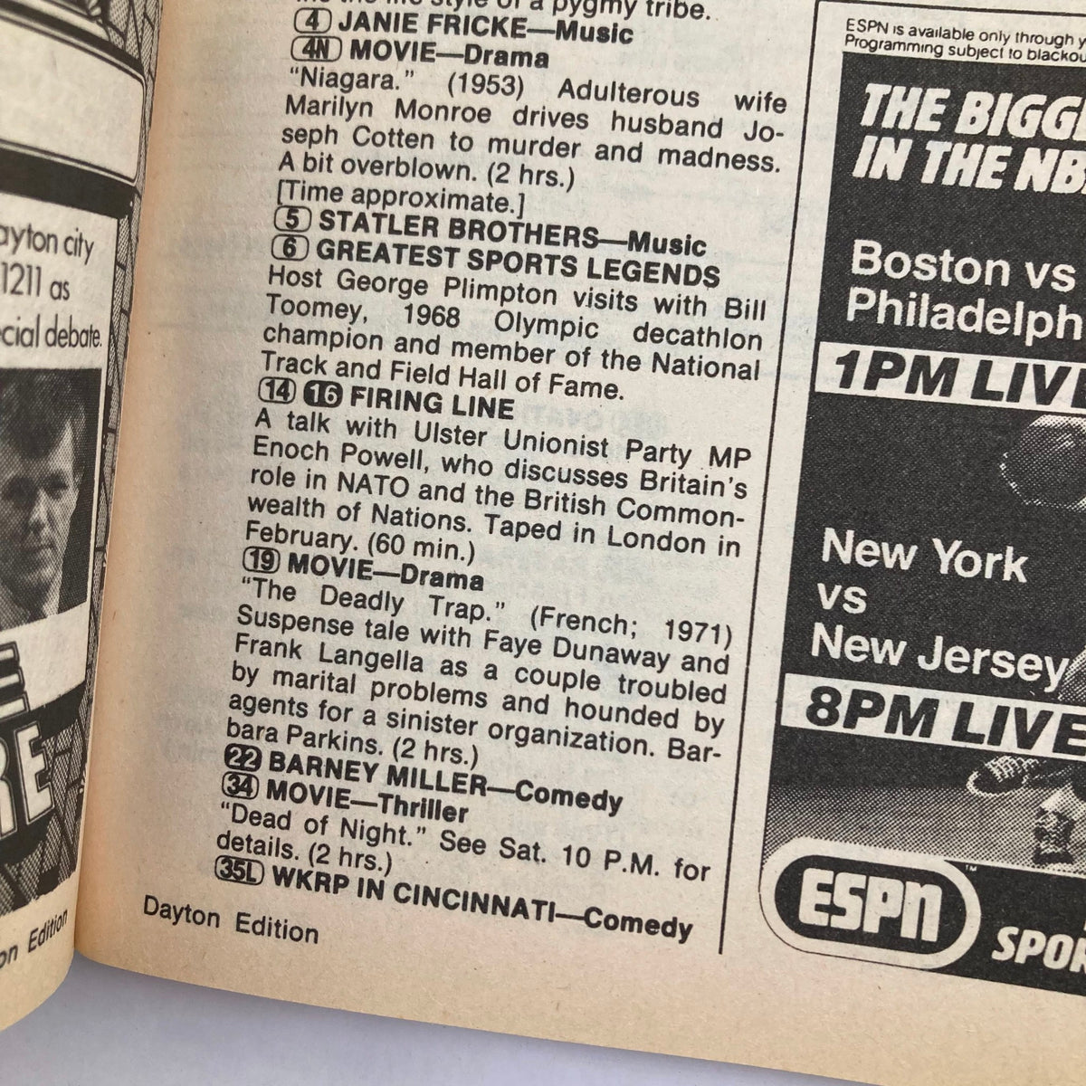 Inside page of TV Guide Magazine March 24 1984 detailing programming highlights including movies, music, and comedy shows, from the Dayton edition.