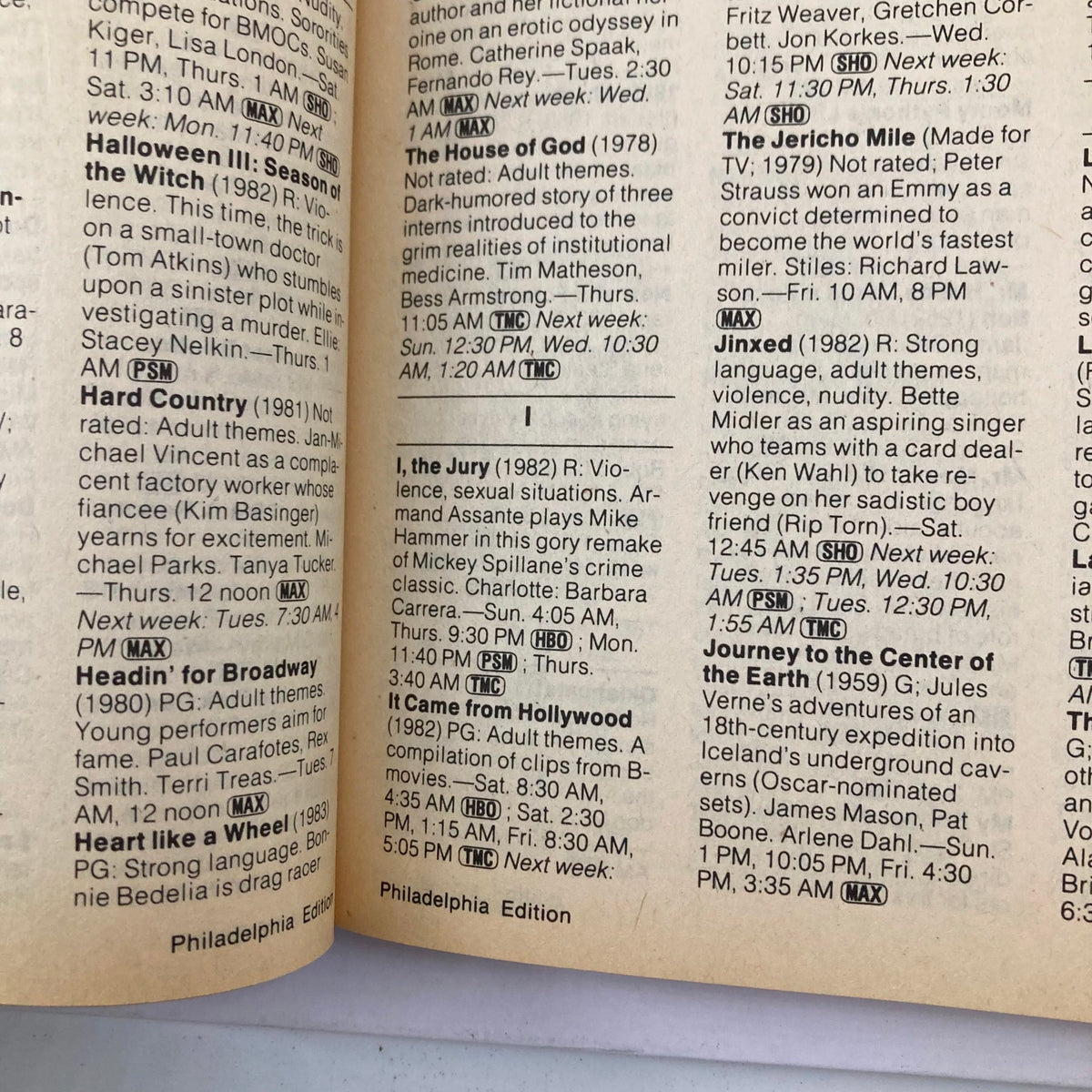 Inside view of the TV Guide Magazine August 25 1984, showing listings and descriptions of TV shows, including titles like 'I, the Jury' and 'It Came from Hollywood.' This page captures a snapshot of television programming from that era.