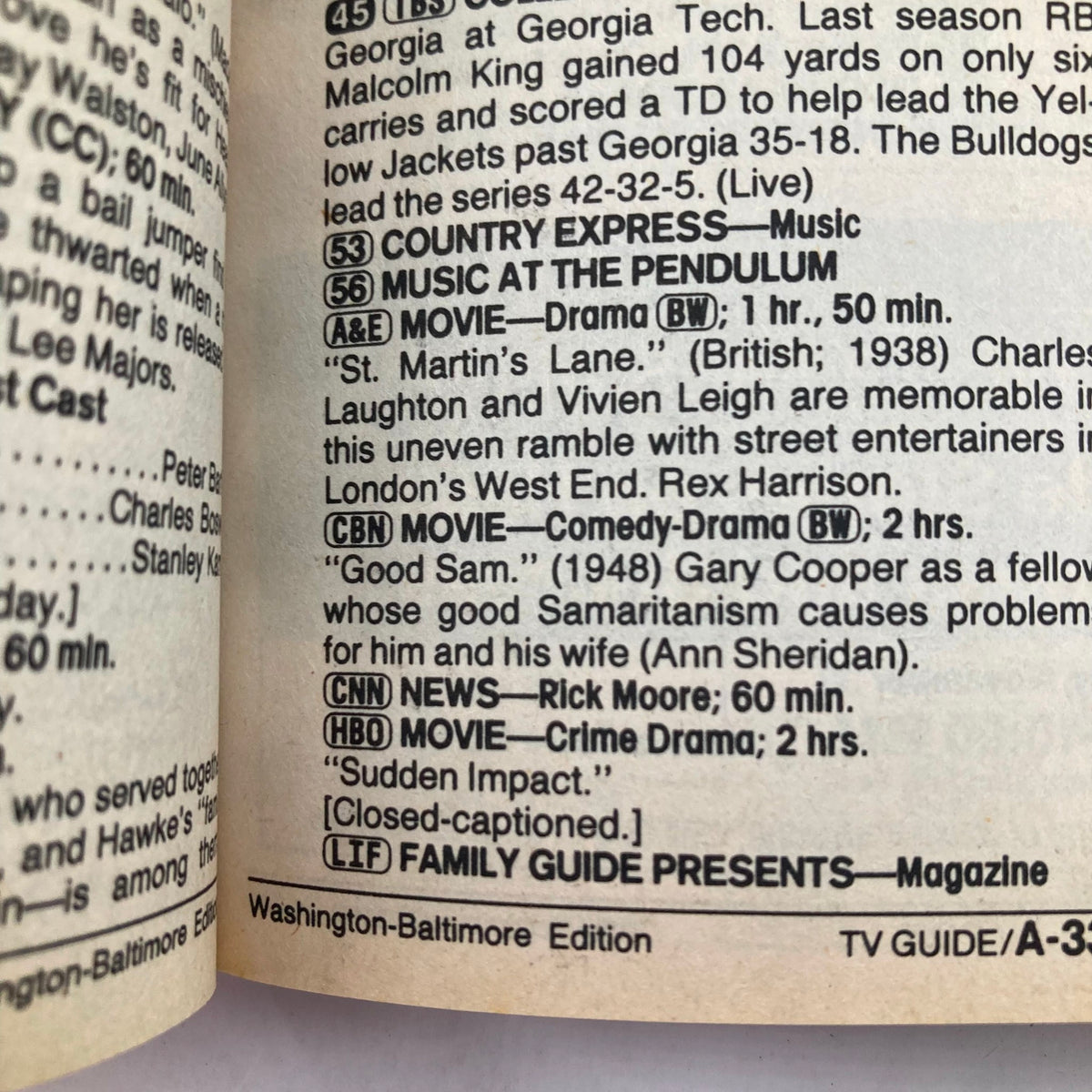 Inside page of TV Guide Magazine, November 30, 1985, displaying television listings and featured shows, providing a glimpse into the programming of that era, along with the issue's Washington-Baltimore Edition designation.