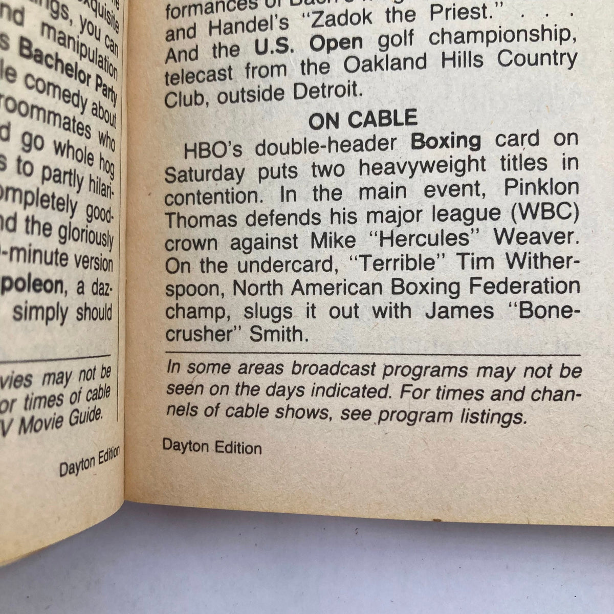 Inside page of TV Guide Magazine June 15 1985 showing cable TV listings and details of boxing events, highlighting notable matches for that week.