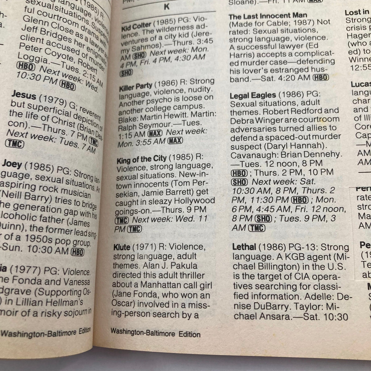 Interior page from the TV Guide Magazine dated August 29, 1987, showcasing movie listings including titles like 'Kid Colter,' 'Killer Party,' and 'King of the City,' alongside viewing information for popular films of the late '80s.