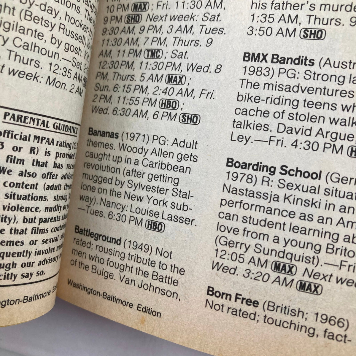 Interior page of TV Guide Magazine dated June 13, 1987 showing TV listings and movie descriptions, highlighting titles like 'Bananas' and 'Battleground'.