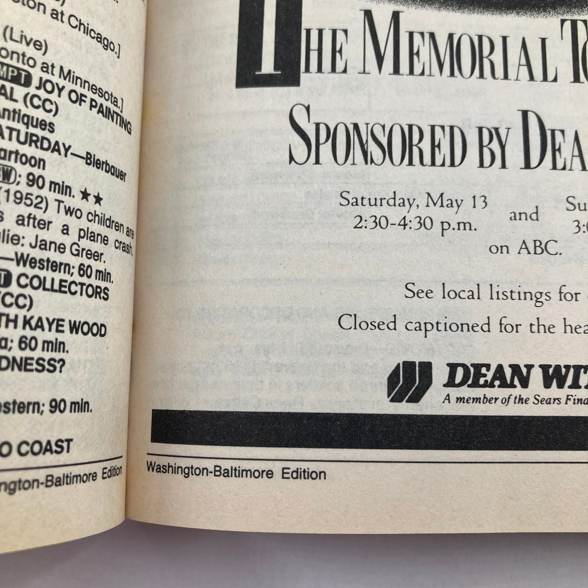 Inside page of TV Guide Magazine May 13 1989 displaying programming listings and details from the Washington-Baltimore Edition, emphasizing the content of that era.
