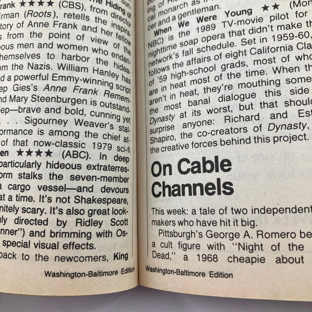 Inside page of TV Guide Magazine July 15, 1989, discussing cable channels and featuring descriptions of TV shows, including a mention of Sigourney Weaver's performance in 'Anne Frank Remembered'.