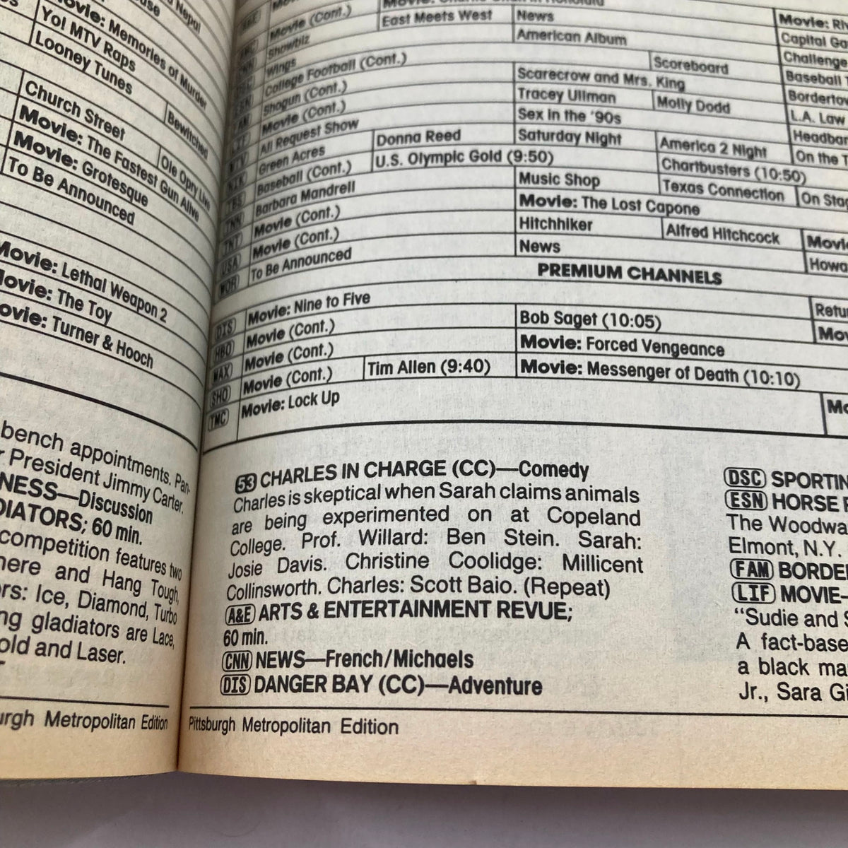Screenshot from TV Guide Magazine September 15 1990 Fall Preview Pittsburgh Metro Edition, highlighting shows and movie listings including 'Charles in Charge,' 'Nine to Five,' and other entertainment programming.