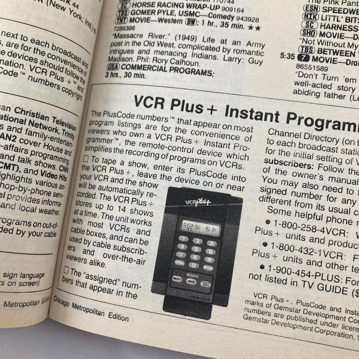 TV Guide Magazine September 12 1992 Fall Issue Chicago Metro Edition - Inner page showing VCR Plus + Instant Programming details along with a picture of the VCR Plus remote control.