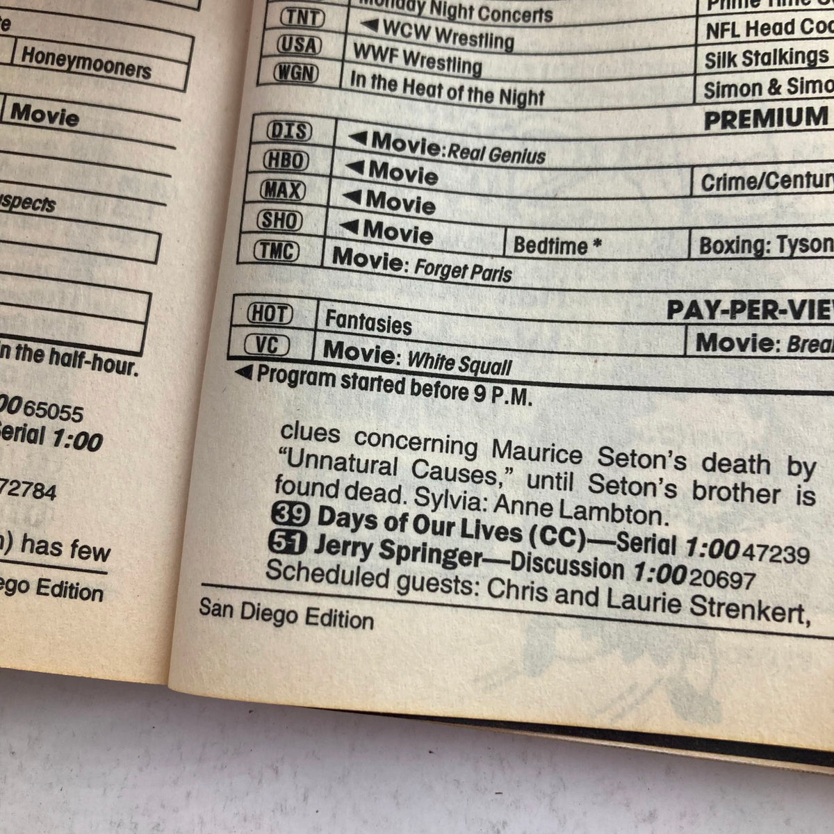 Inside page from TV Guide Magazine September 14 1996 Fall Preview San Diego Edition, listing various shows and movies, including '39 Days of Our Lives' and 'Jerry Springer', highlighting programming details.