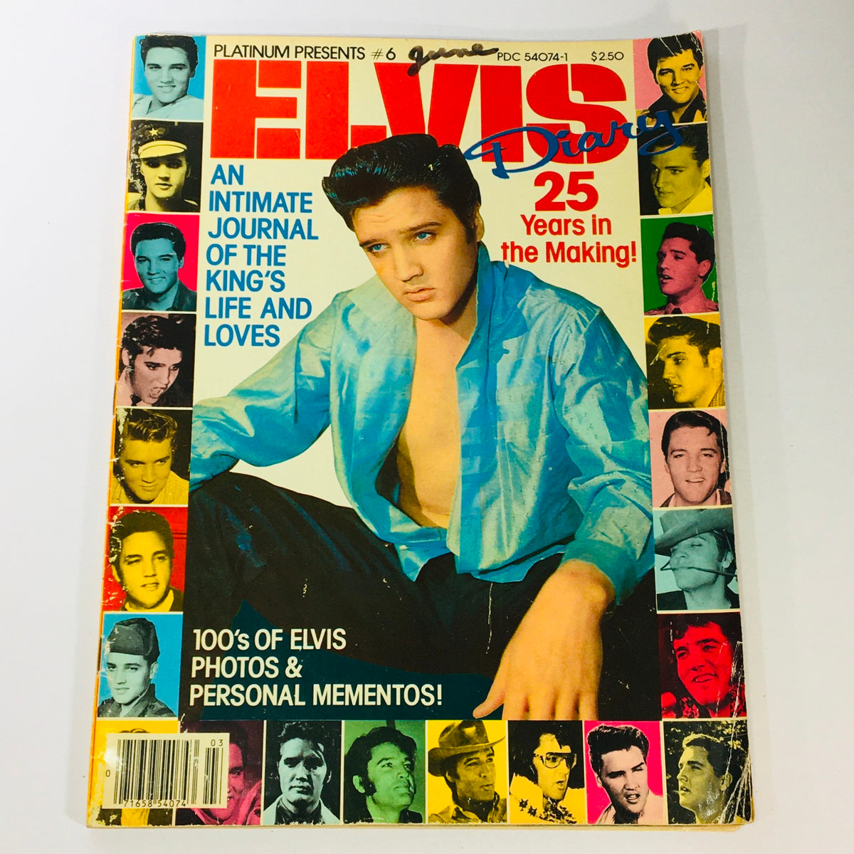 Cover of the Platinum Presents 1979 #6 Elvis Presley Diary featuring a young Elvis, surrounded by colorful portraits of him, showcasing 25 years of his music legacy.