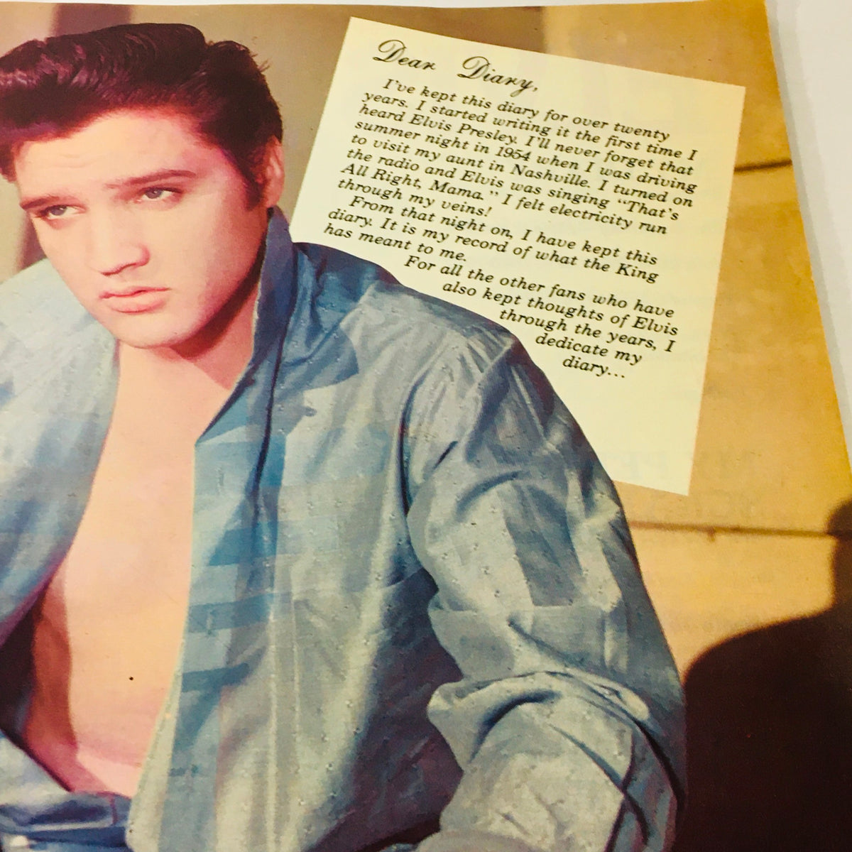 Platinum Presents 1979 #6 Elvis Presley Diary showing Elvis in a casual pose, holding a letter addressed 'Dear Diary,' reflecting on his feelings and experiences.