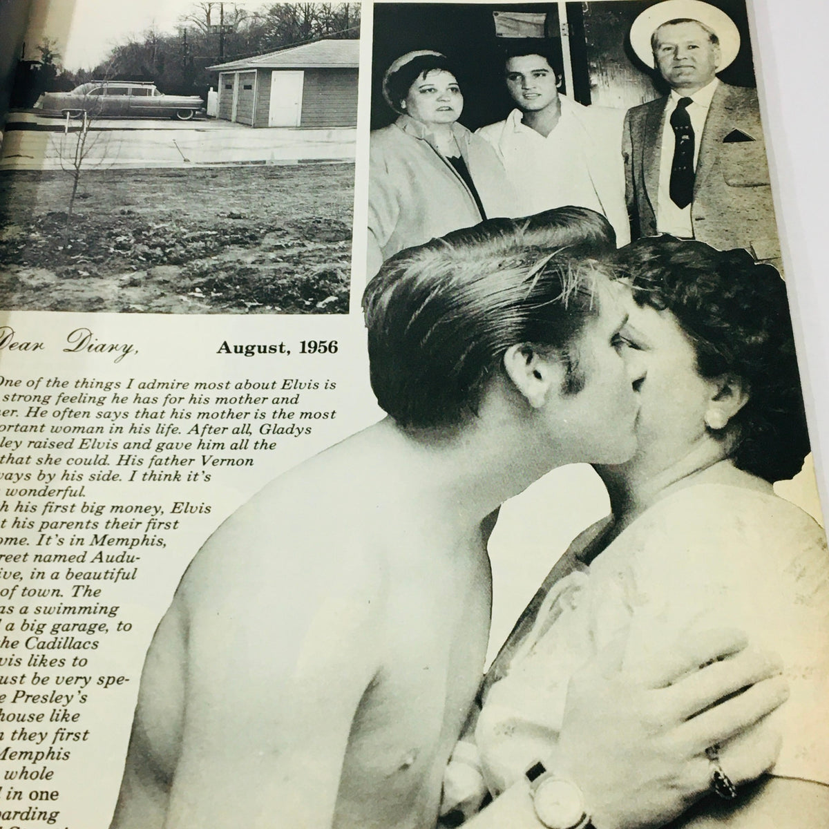 Platinum Presents 1979 #6 Elvis Presley Diary featuring a collage of images from August 1956, including Elvis with family and fans, accompanied by his handwritten notes.