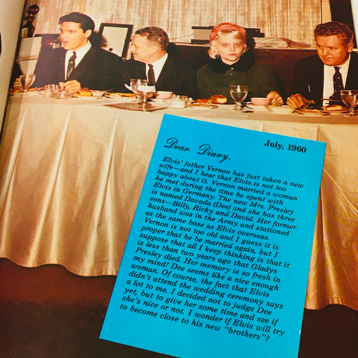 Image of an intimate diary page from the Platinum Presents 1979 #6 Elvis Presley Diary, featuring a handwritten note and a dinner table setting from July 1960.