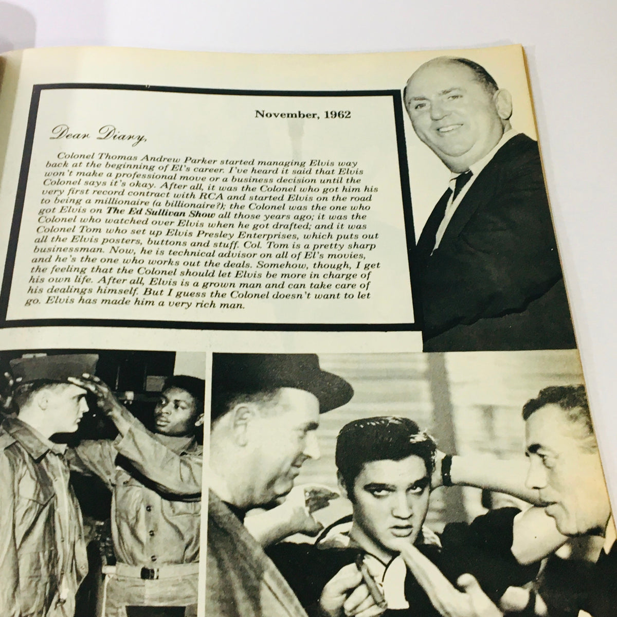 Image displaying a diary entry from November 1962 in the Platinum Presents 1979 #6 Elvis Presley Diary, featuring Elvis Presley and Colonel Parker in a nostalgic context.