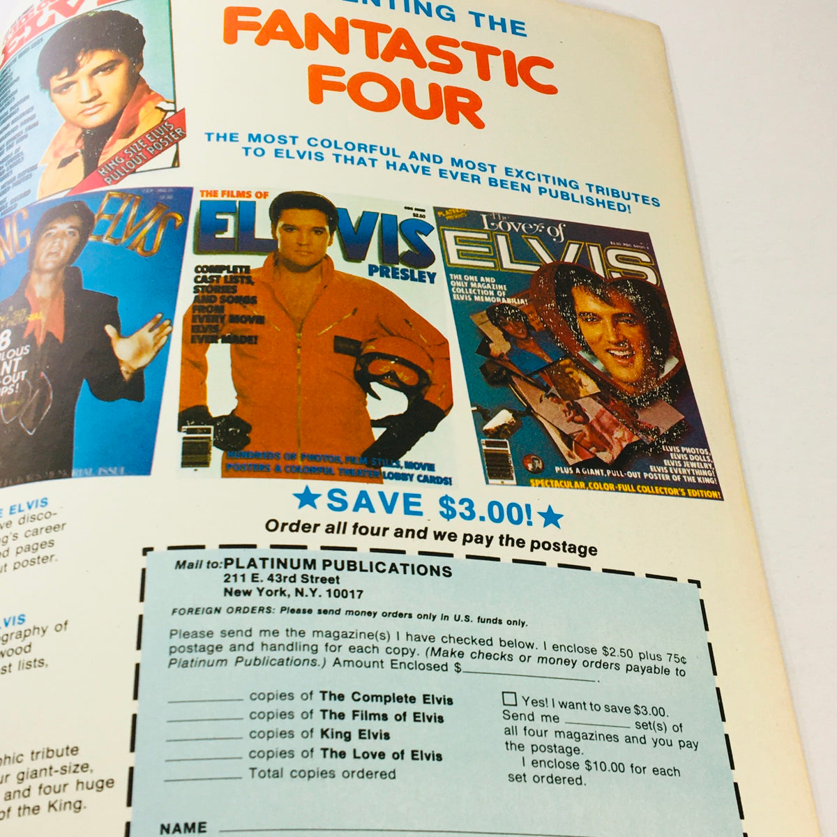 Image of promotional material from the Platinum Presents 1979 #6 Elvis Presley Diary featuring colorful tributes to Elvis Presley from various publications.