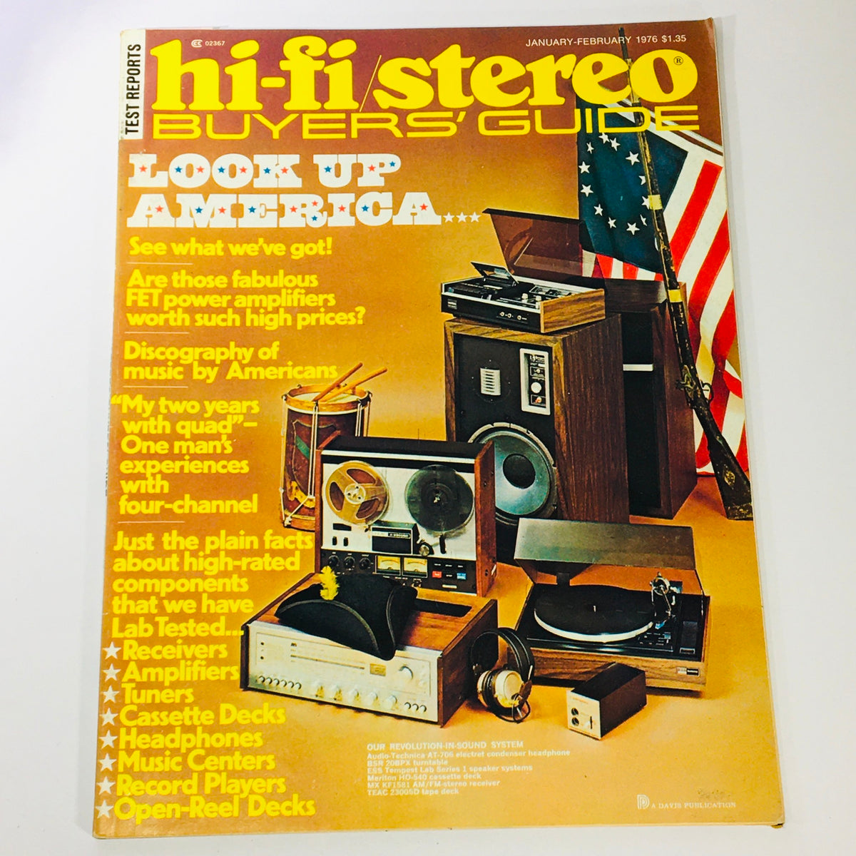 Cover of VTG Hi-Fi Stereo Buyer's Guide from January-February 1976 featuring a colorful design and text highlighting audio equipment such as receivers, amplifiers, and turntables. The magazine promotes high-fidelity music systems and includes a discography of music by Americans.