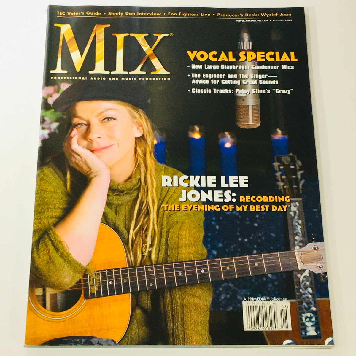 Mix Music Magazine August 2003 featuring Rickie Lee Jones on the cover, showcasing her portrait with acoustic guitar, highlighting the vocal special issue.